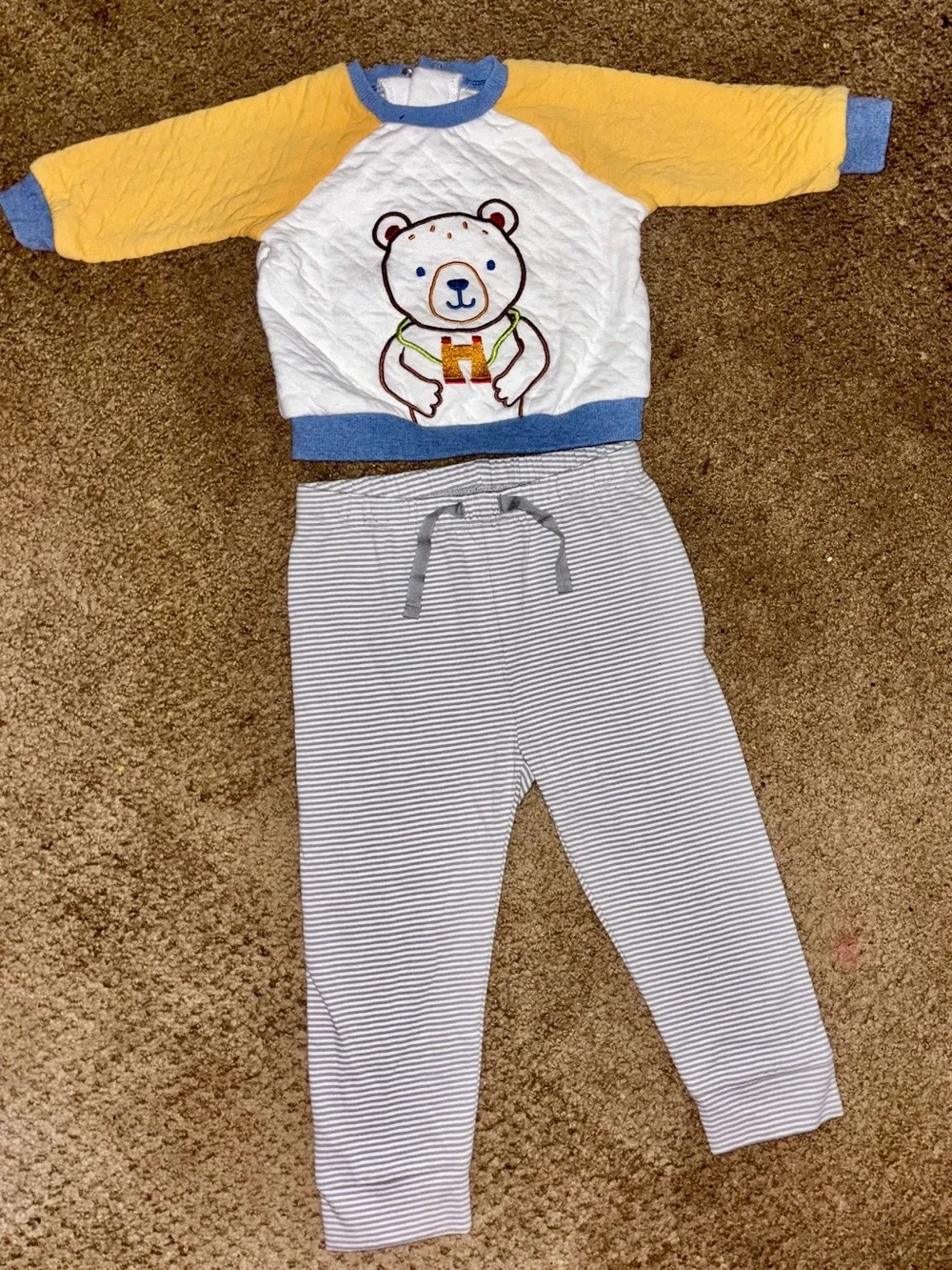9M Little Me Yellow White Bear Pajama Set with Gray Striped Pants